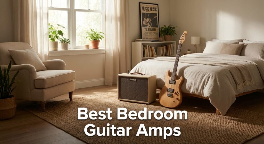 Cozy bedroom with compact electric guitar amp and guitar by the bed, ideal for home practice and low volume playing.