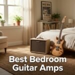 Cozy bedroom with compact electric guitar amp and guitar by the bed, ideal for home practice and low volume playing.