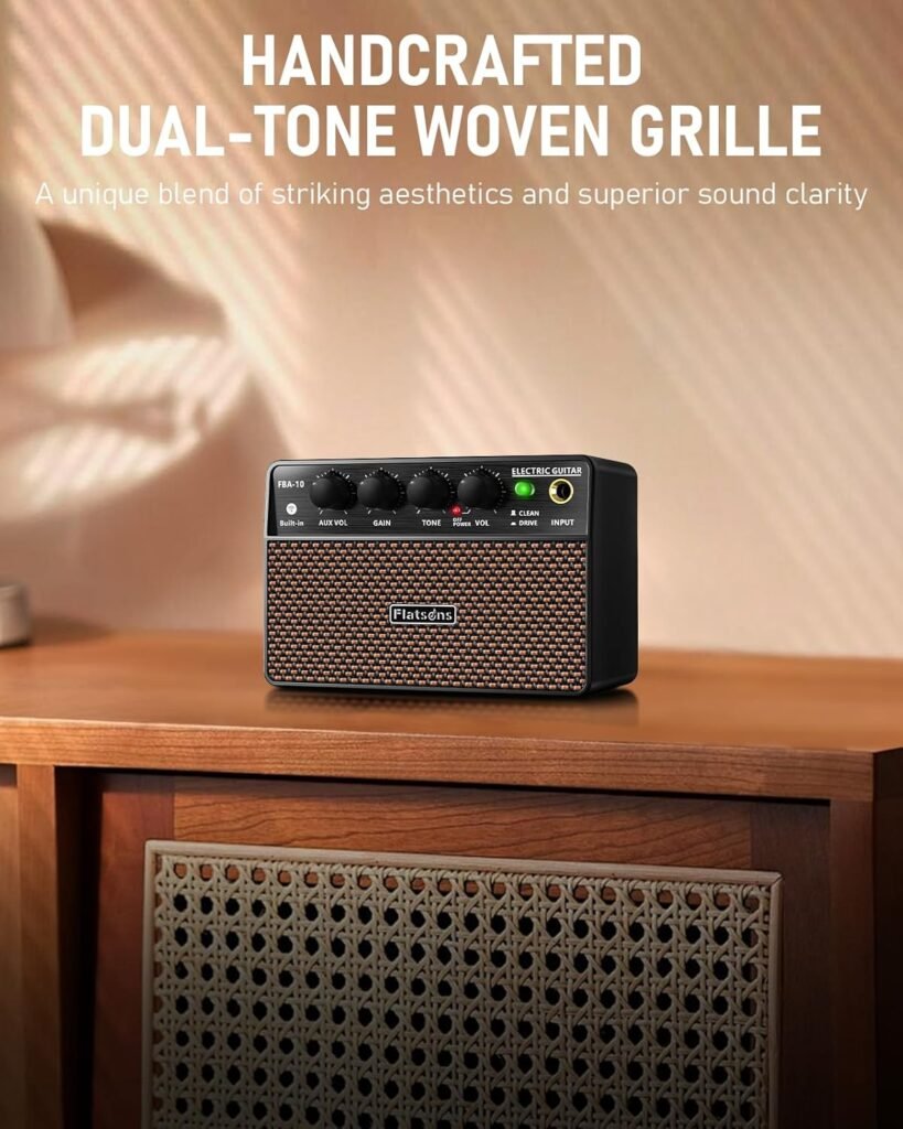 Flatsons FBA-10 Guitar Amp, 10W Mini Electric Guitar Amplifier with Clean/Drive Channel, 6H Working, USB-C Rechargeable, 3.5mm Headphone/AUX Jack, Wireless Portable Amp for Indoor Practice, Traveling