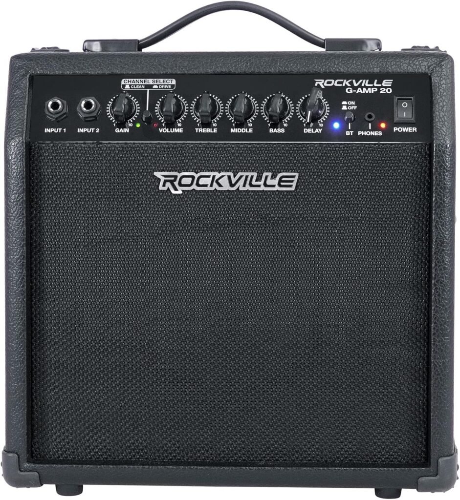 Rockville G-AMP 20W Guitar Amplifier Combo with Bluetooth, Delay, Dual Guitar Inputs, Clean/Overdrive, EQ Controls, Portable for Practice and Small Gigs